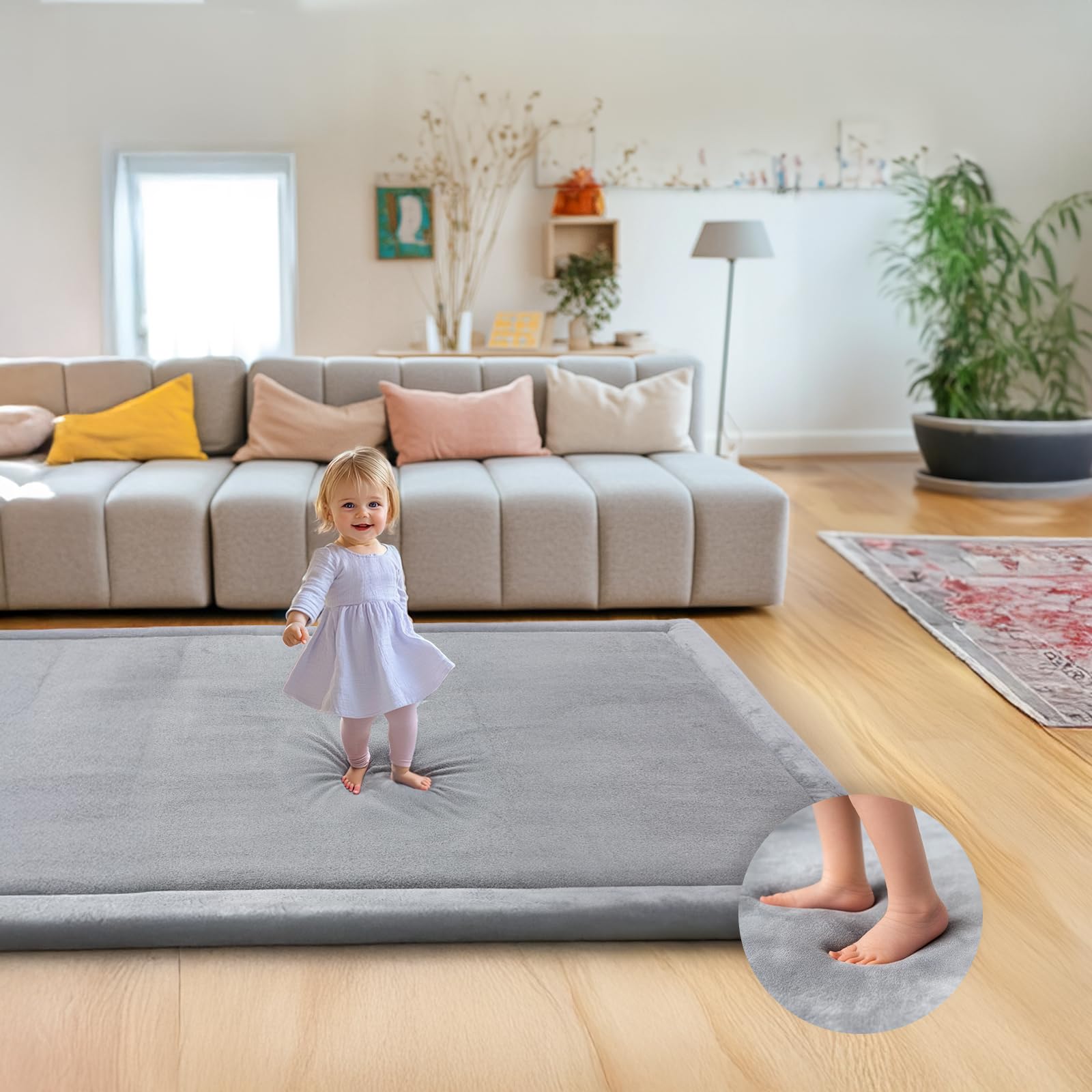 Photo 1 of Ultra Soft 1.3" Thick Baby Play Mat for Floor, Large Velvet 71x59 Playpen Mat, Baby-Safe & Non-Slip Tummy Time Mat, Crawling Mat for Babies, Toddlers, Infants, Kids, Easy Care, Gray