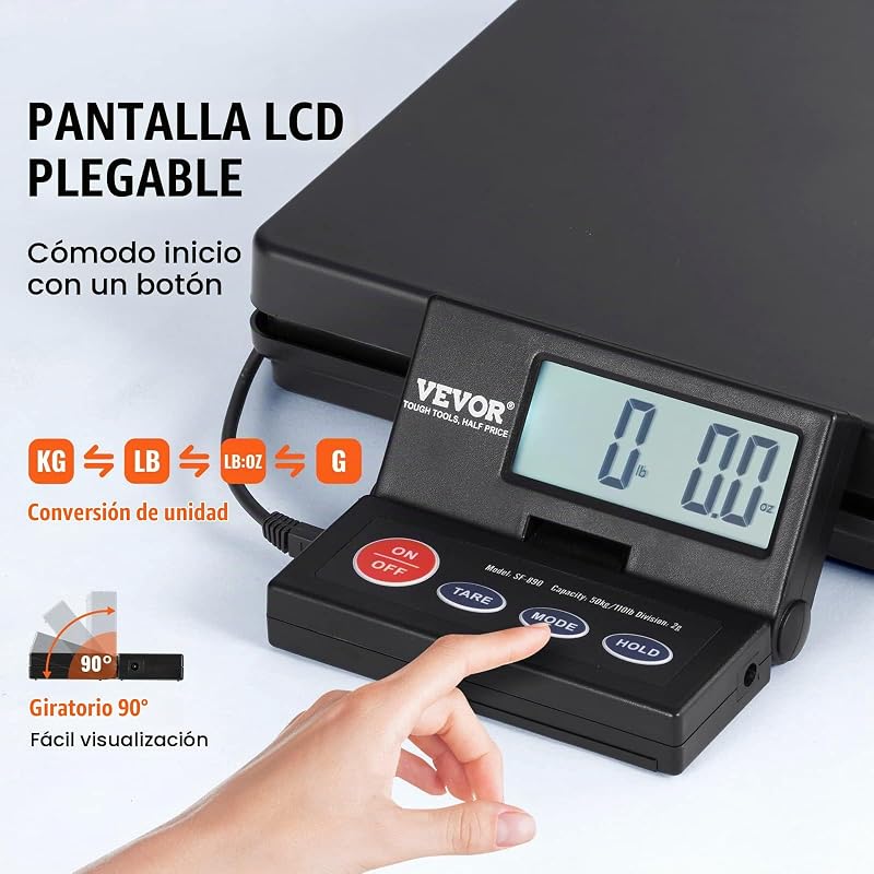 Balanza Digital para Envíos Rango de 10g-50kg Báscula para Paquetes Precisión de 2 g Balanza Postal Digital Pantalla LCD Plegable de 90° para Equipajes Alimentada por CA/CC Certificado FCC