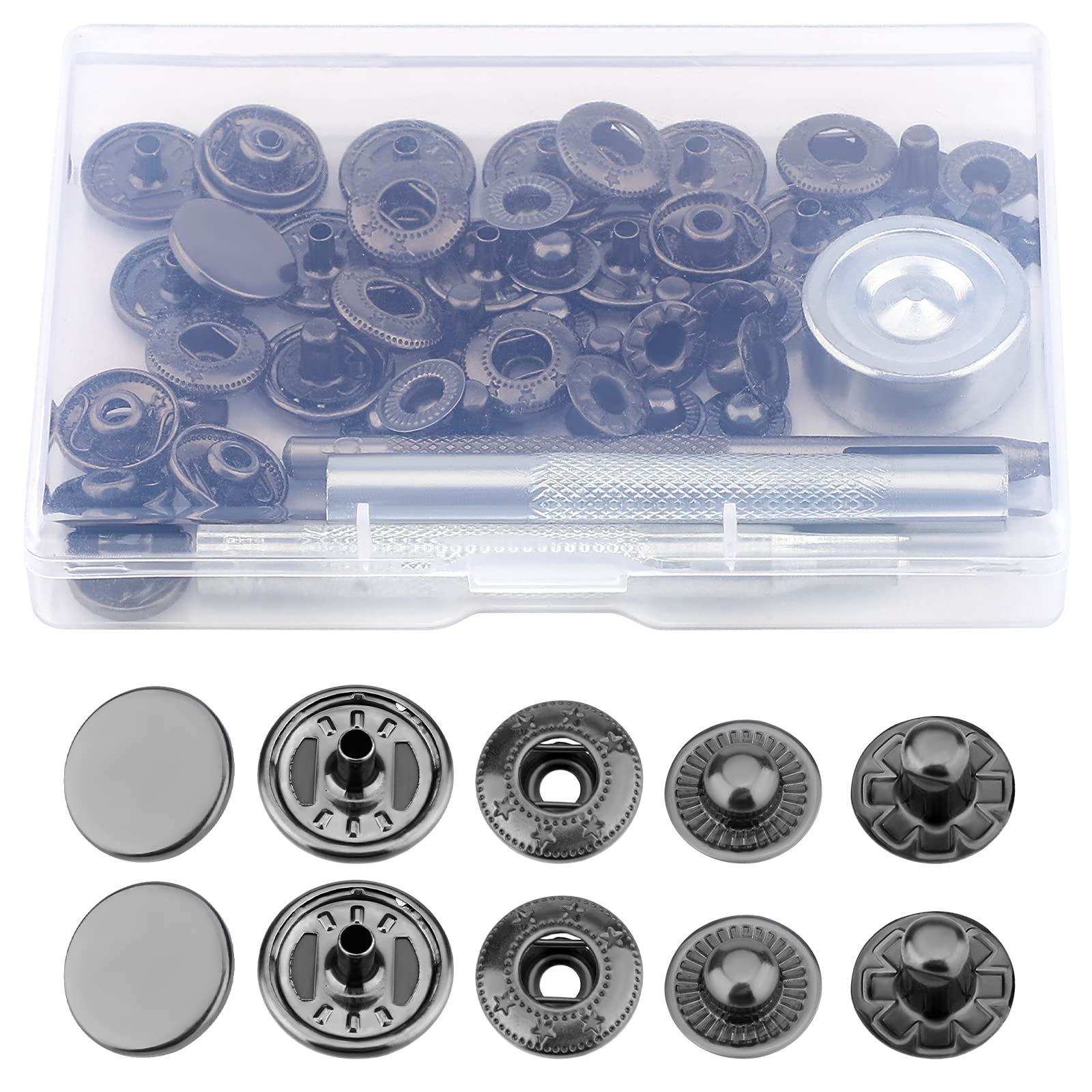 Savita 12 Sets Metal Snap Buttons Leather Snap Fasteners Kit with 4 Install Tools Heavy Duty Snaps Press Stud Sewing Snaps for Clothes, Jeans, Belt, Fabric, 15mm