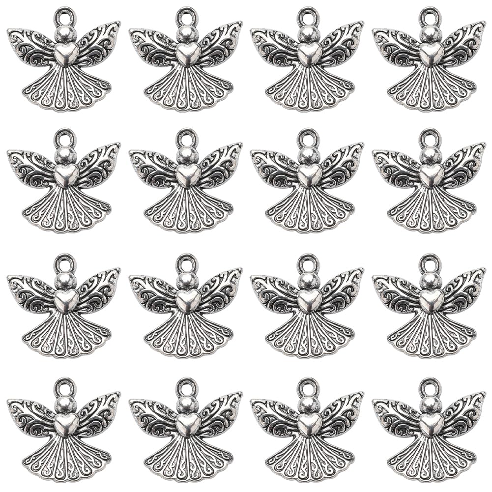 SUNNYCLUE 1 Box 40Pcs Guardian Angel Charm Bulk Silver Angel Charms Fairy Wings Wing Pendants Antique Tibetan Alloy Christmas for jewellery Making DIY Bracelet Earring Beginners Crafting