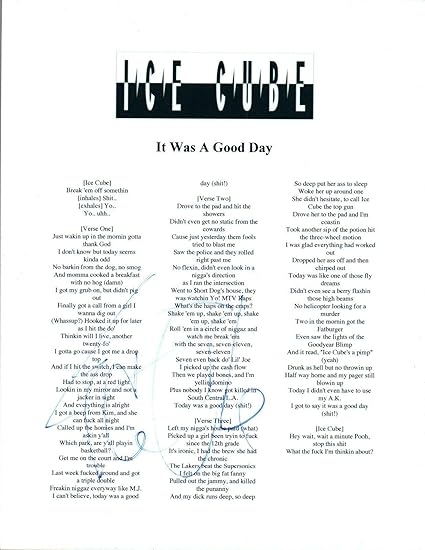 Ice Cube Signed Autographed It Was A Good Day Lyric Sheet Coa At