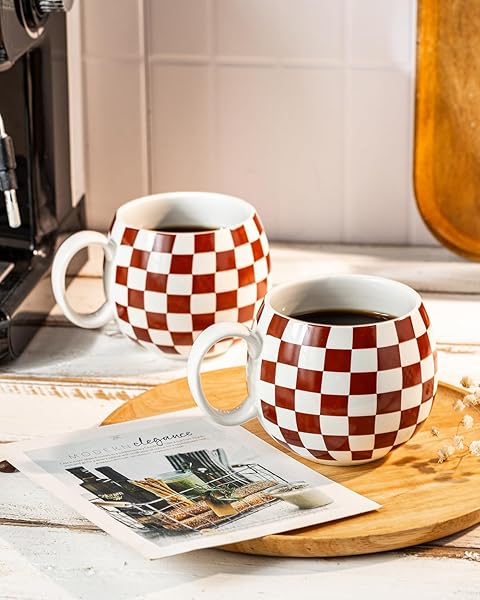 LAUCHUH PORCELAIN COFFEE MUGS – 18 OUNCE LARGE MUG SET OF 6 COFFEE CUPS WITH HANDLE FOR MOTHER’S DAY, TEA LATTE CAPPUCCINO MILK COCOA, DISHWASHER & MICROWAVE SAFE, BROWN AND WHITE