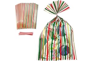 EKAPACKAGING 50 Pcs 6x10 Inches Clear Cellophane Treat Bags with Ties, Stripe Print Christmas Goodie Bags for Cookies, Pretzels, Snacks, Party Favors, Gifts, Candy