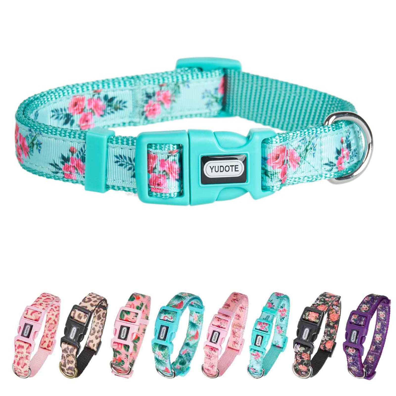 Petiry Adjustable Nylon Dog Collar, Mint Green Floral Pattern Dog Collar for Small Dogs, (GreenF,S)