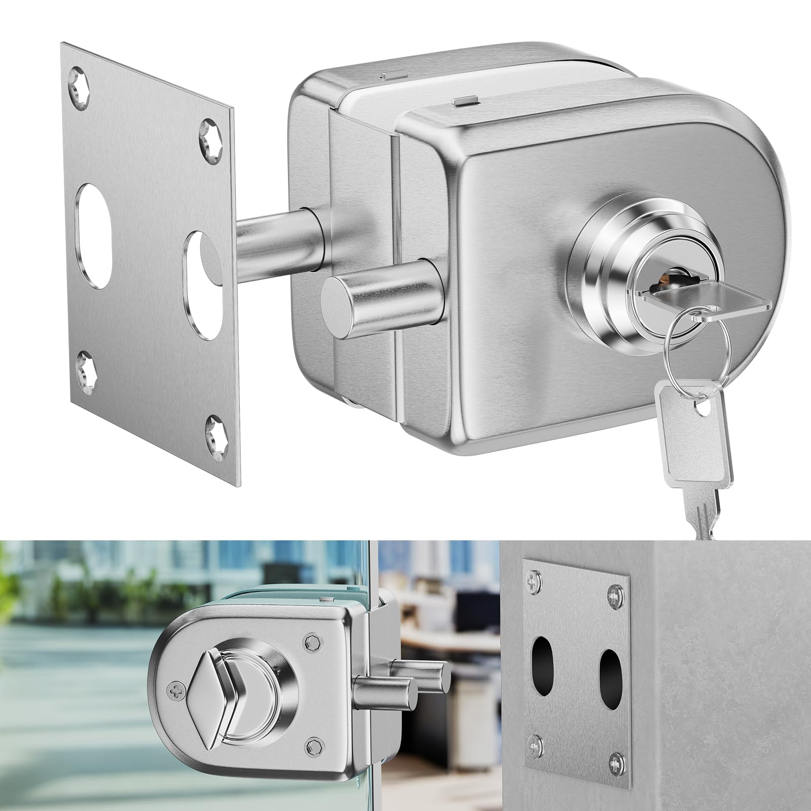 Ranbo Frameless Glass Swing Door Lock, Floor Bolt, No-Drill, 304 Stainless Steel, Suitable for 3/8''-1/2'' (10mm-12mm) Thick Sliding Glass Doors, Office Doors, Commercial Doors, 2 Keys, Brushed.