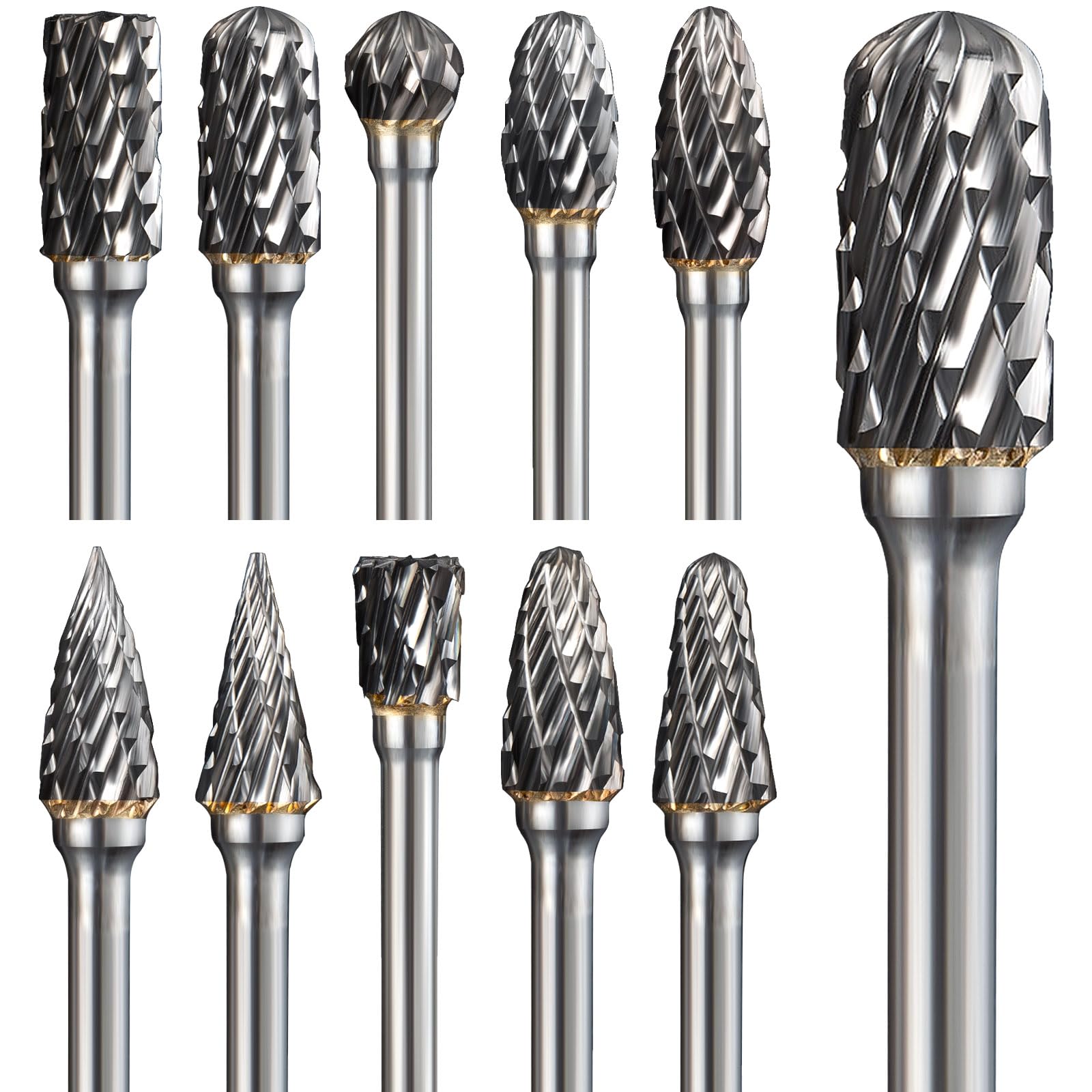 Double Cut Carbide Burr Set Compatible with Dremel Rotary Tool, 10Pcs Rotary Burrs Set Die Grinder Bits with 3mm Shank for Metal Polishing DIY Woodworking Carving Engraving