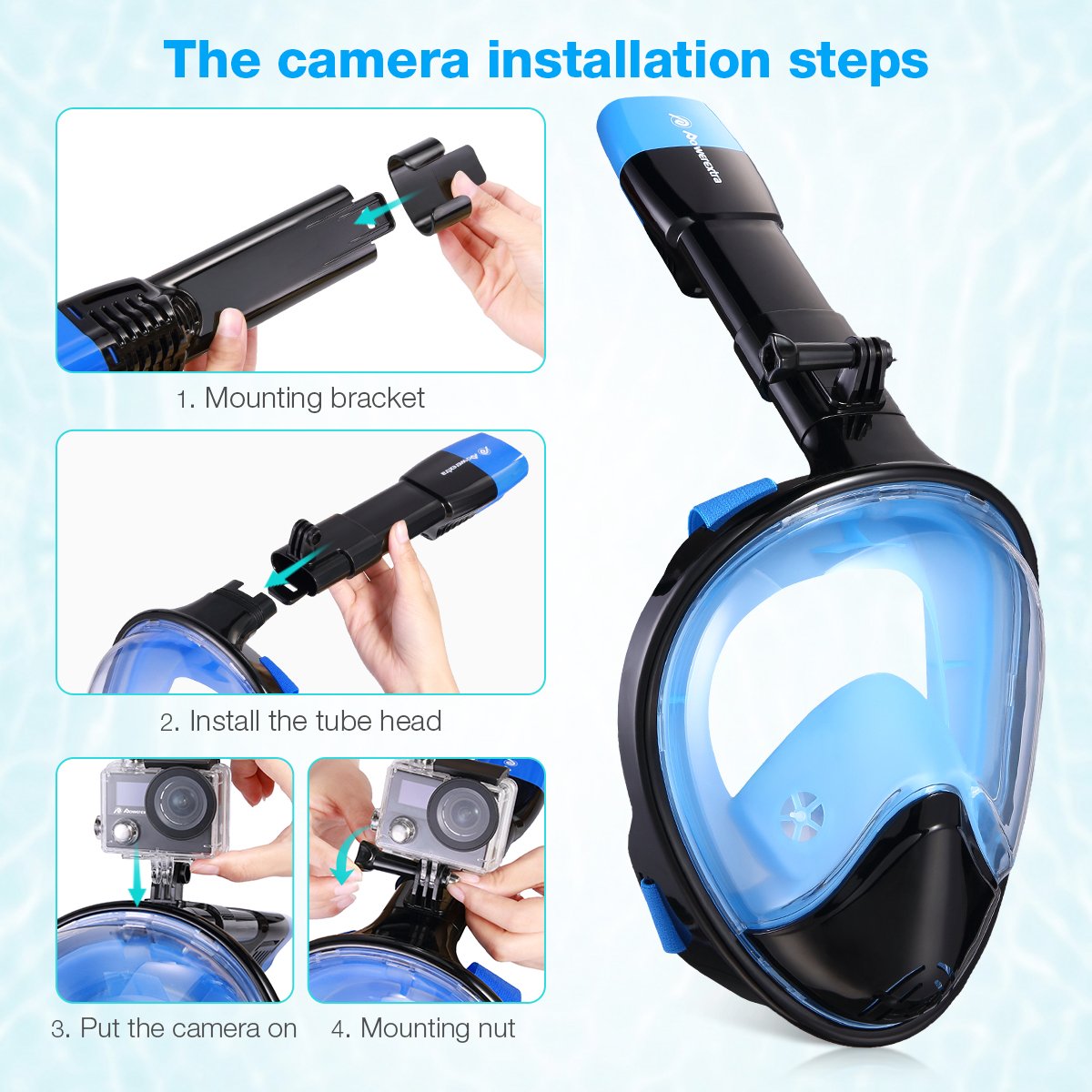 Powerextra Snorkel Mask 180° Panoramic View Anti-fog Anti-leak Design for Gopro and other Detachable Camera Mounts (Size: L/XL)