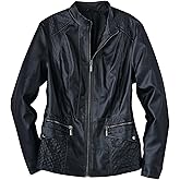 AmeriMark Women's Faux Leather Jacket - Quilted Shoulders & Pockets, Knit Side Insets, Zippered Pockets, Machine Washable