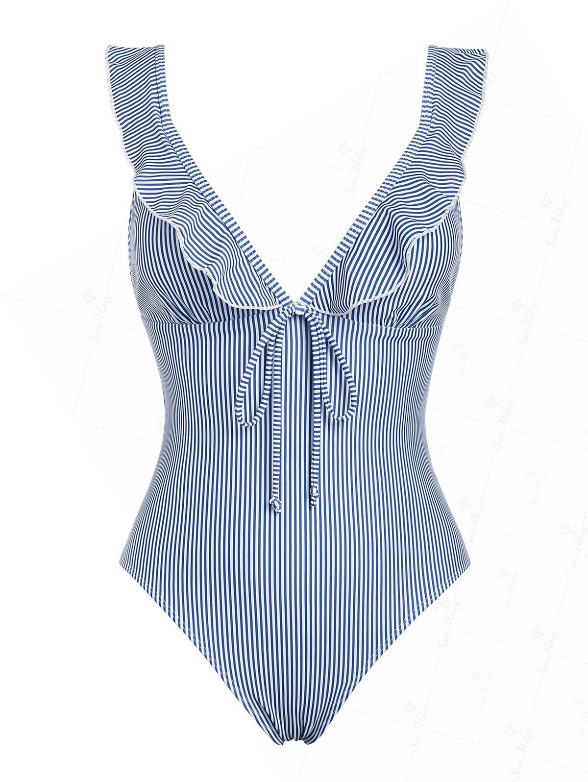 Photo 1 of seamoly Vintage Striped Ruffles Trim Tied Plunging Neck One-Piece Swimsuit,Midnight Blue,S
