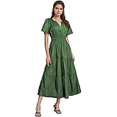 ShallWe Women's Black Summer Dress Casual Long Maxi Short Sleeve Layered Cotton V Neck A Line Flowy Dresses for Women 2026
