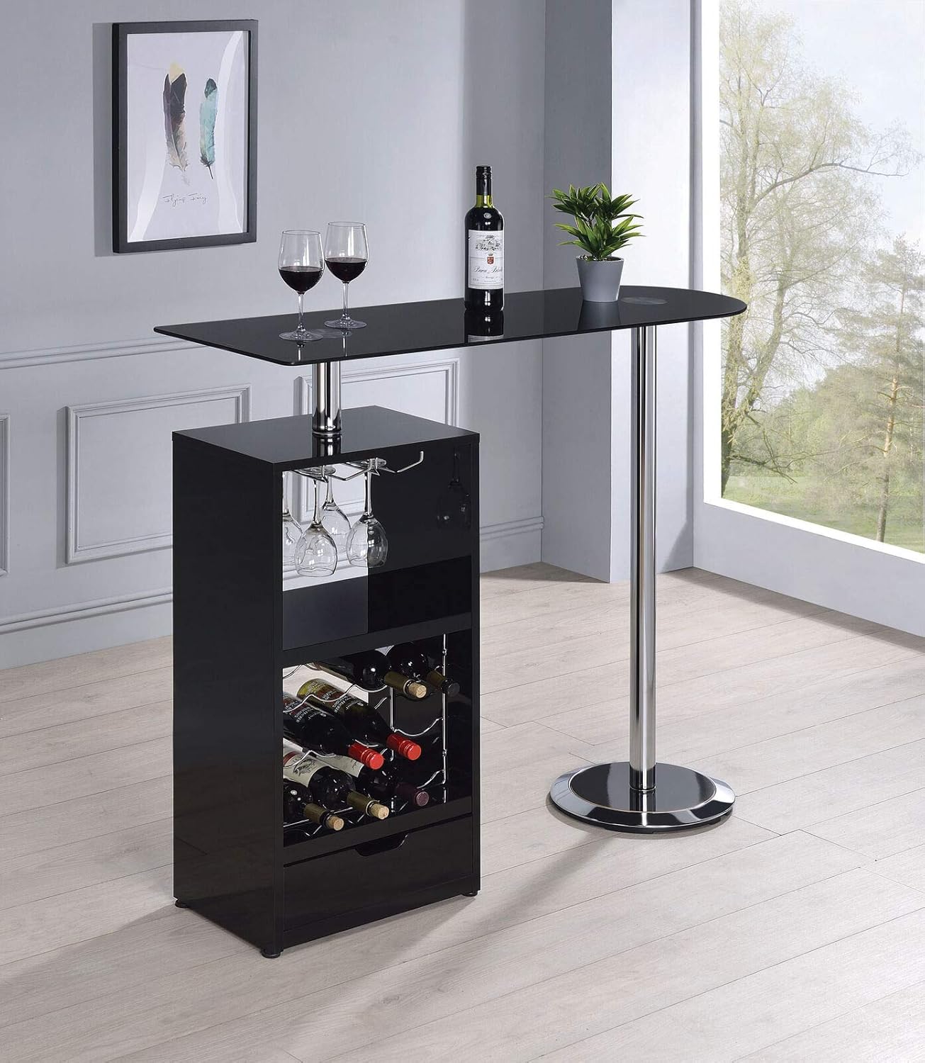 Modern Black Bar Table with Wine Bottle Storage and Glass
