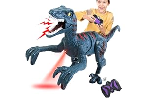 APOBATK Large Remote Control Velociraptor Toy - Realistic Jurassic Walking Dinosaur with Lights & Sounds - STEM Toy for Boys Ages 5-7 & 8-12 Blue