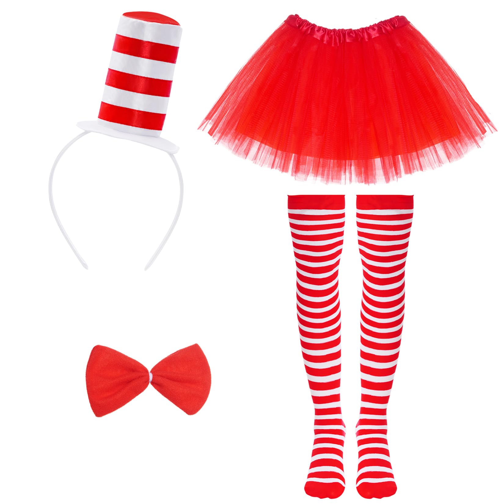 jerbro 4pcs Cat Costume Tulle Tutu Skirts Top Hat Headband Bowtie Striped Tights for World Book Day Costumes Halloween Cosplay Dress Up Party (Red)