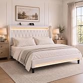 Allewie King Size Upholstered Bed Frame with LED &amp; Charging Station, White | Customizable LED lights, charging station, tufted wingback headboard, noise-reducing support, and no box spring needed.
