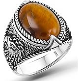 Natural Tiger Eye Stone Genuine Solid 925 Sterling Silver Ring for Men with Eagle on Side
