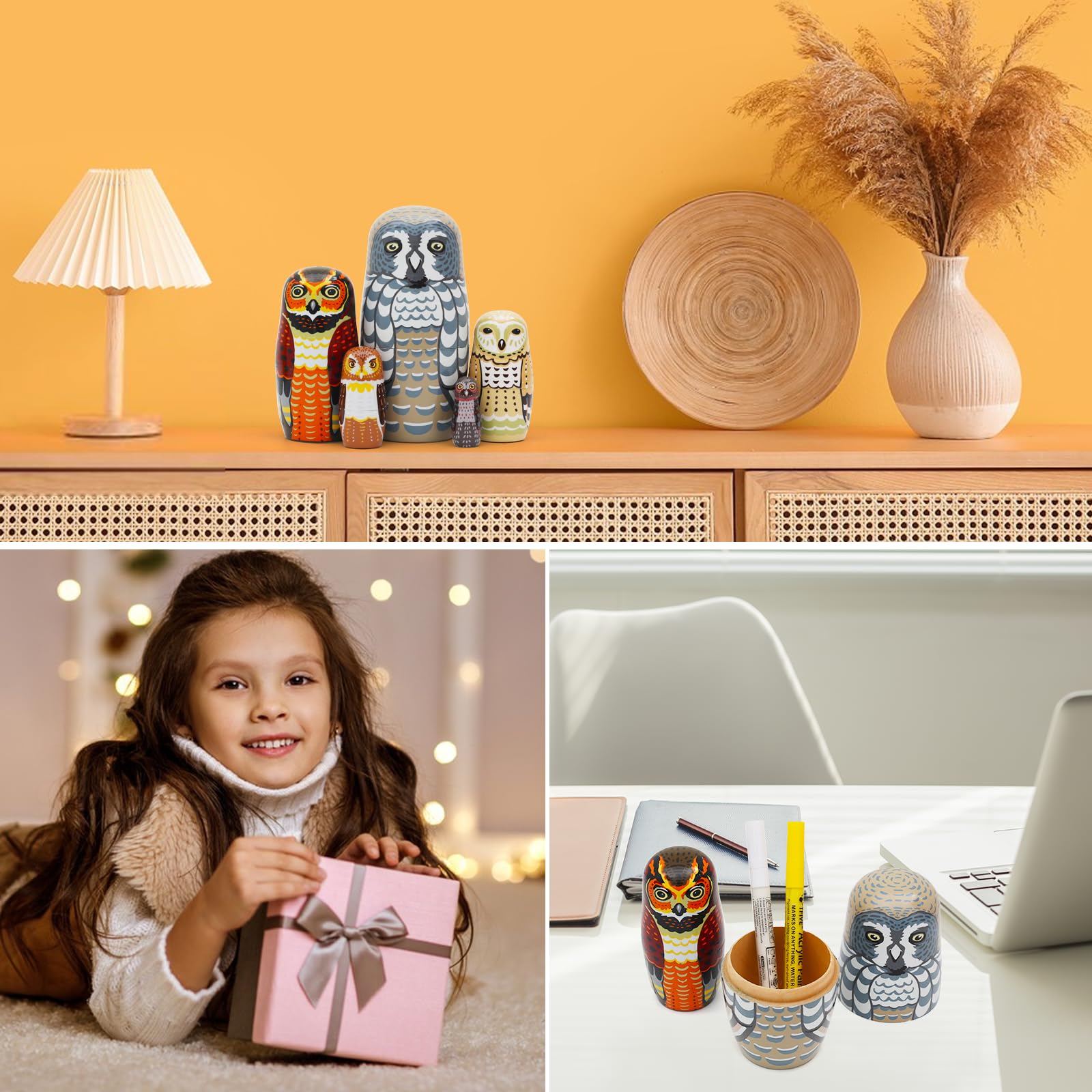 Set of 5 Owl Family Nesting Dolls Forest Animals Nesting Dolls Matryoshka Russian Doll Figurines Kids Stacking Dolls for Father's Day Christmas Birthday Owl Lover Home Decoration