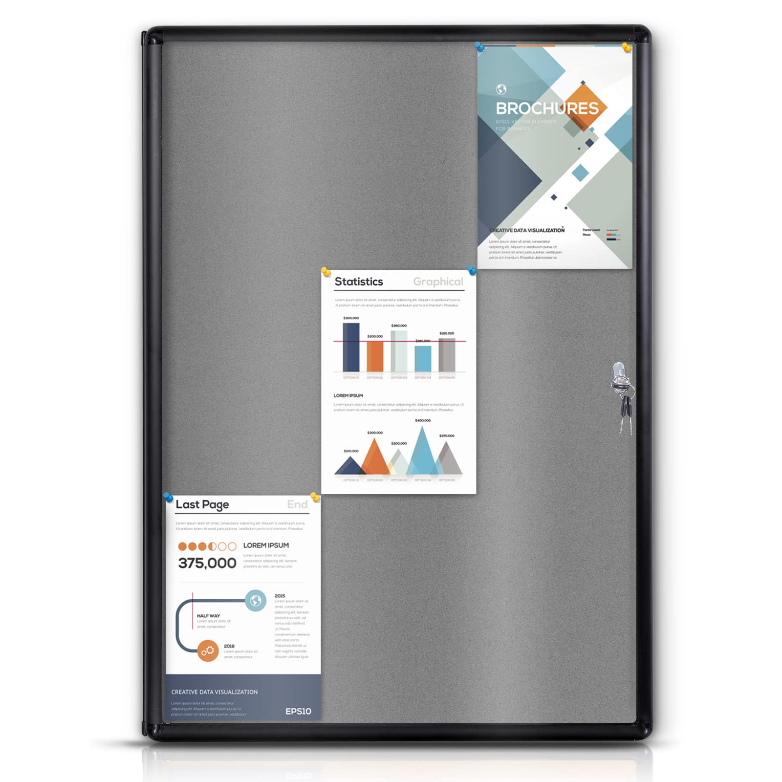 Photo 1 of EVERSUPPLY Enclosed Bulletin Board Lockable Display Case Message Board with Locking Door for Indoor, Grey Felt, Black Aluminum Frame, 38 X 28 in