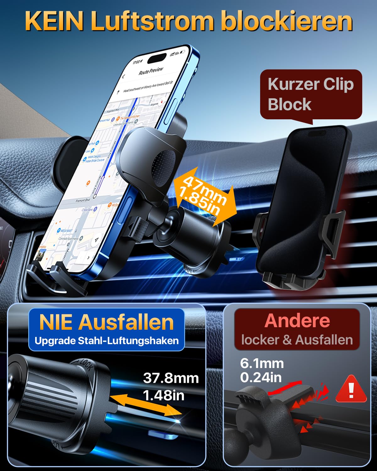 [2026 Militär-Klasse] YRU Handyhalterung Auto Handy Halterung Auto [Stärkst Saugnapf & Clip] Universal Auto Handyhalterung Armaturenbrett Scheibe Lüftung für iPhone 17 Pro 16 Samsung S25 ultra Schwarz 7