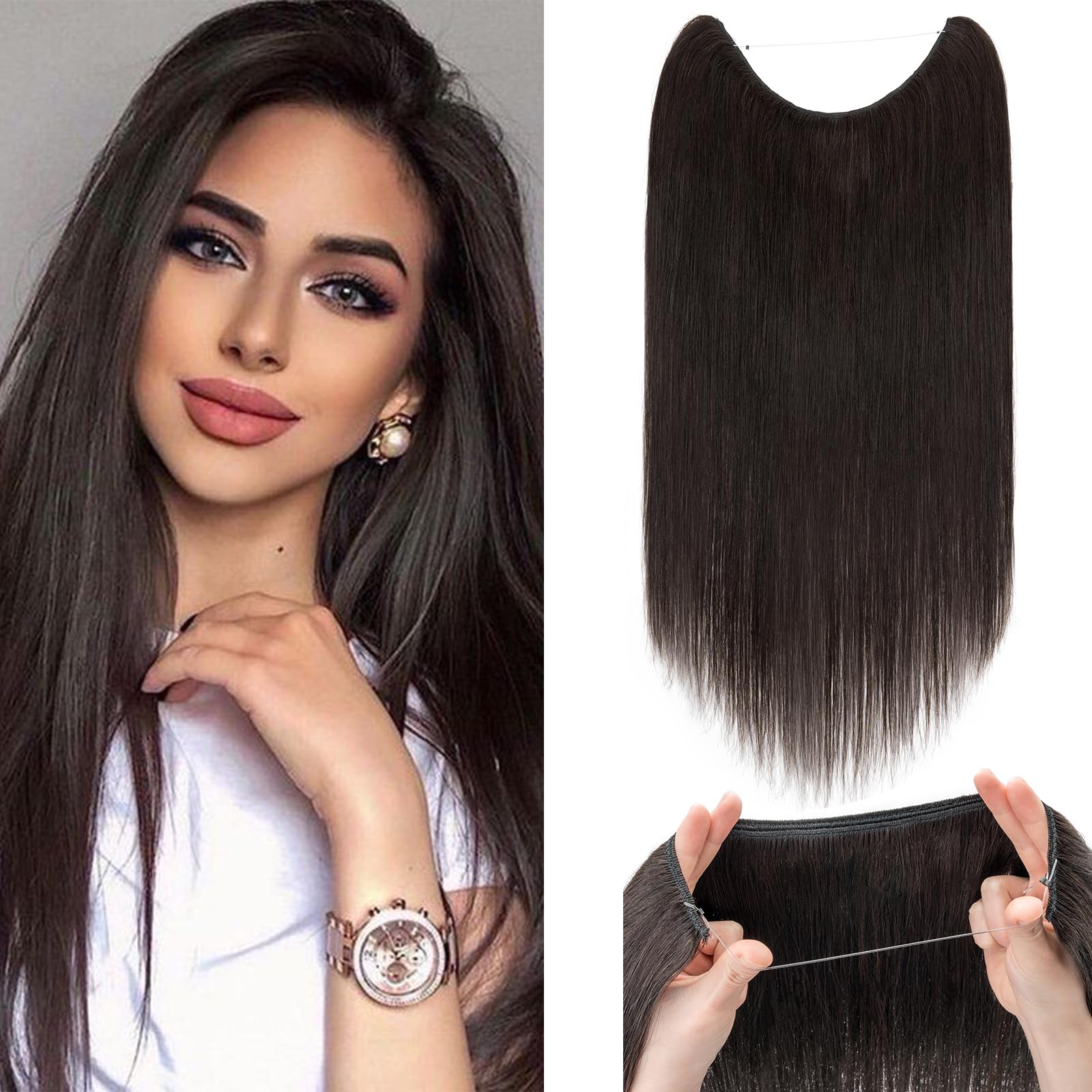 22inch Invisible Silk-co Secret Wire In Hair Extensions Real No Clip Invisible Remy Human Hair One Piece Natural Hairpiece Extensions #1B Natural Black