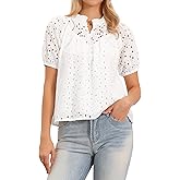 Allegra K Summer Eyelet Tops for Women 2026 Puff Sleeve Embroidered Top Mock Neck Dressy Casual Cotton Shirts