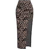 BEAUDRM Women's Leopard Print Slit Split Maxi Skirt Ruched Y2K Long Skirts