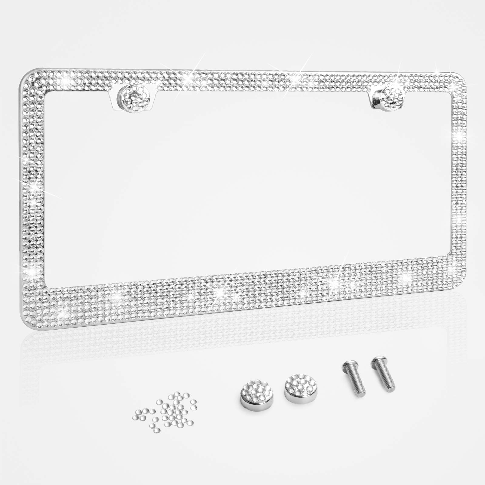 Photo 1 of Tchipie 1 Pack Bling Rhinestone License Plate Frames, Bedazzled Sparkly Cute Diamond Car License Plate Frame, Glitter Crystal Tag Caps, Stainless Steel Holder(White)