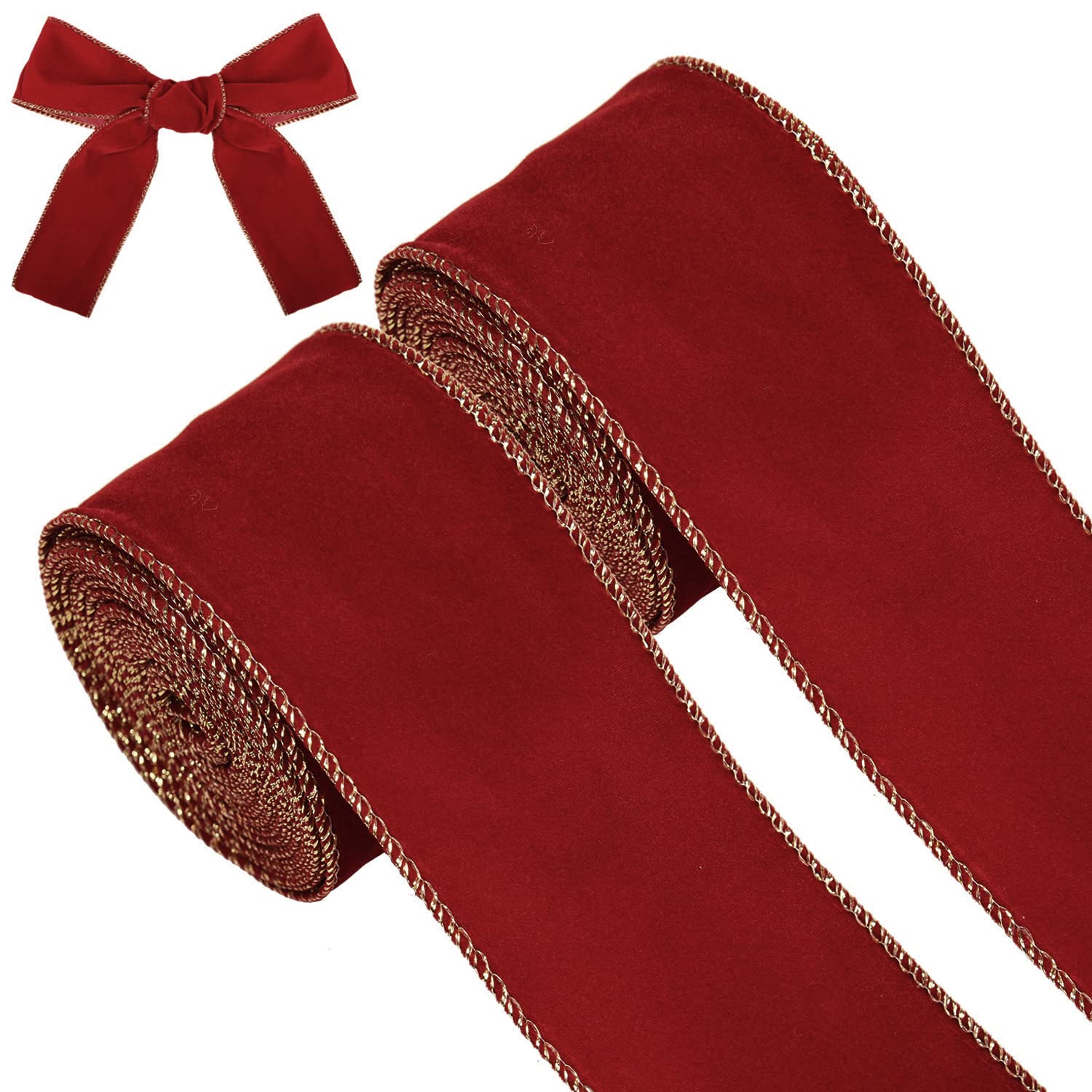 NAUZE 2 Rolls 2.5 Inch x 6 M Christmas Velvet Ribbon Wired Edge Velvet Ribbon for Gift Wrapping DIY Crafts Bow Making(Wine red)