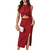 Rooscier Women's Sleeveless Cut Out Bodycon Dress Crewneck Crisscross Twist Side Slit Ribbed Knit Sexy Tank Midi Dress