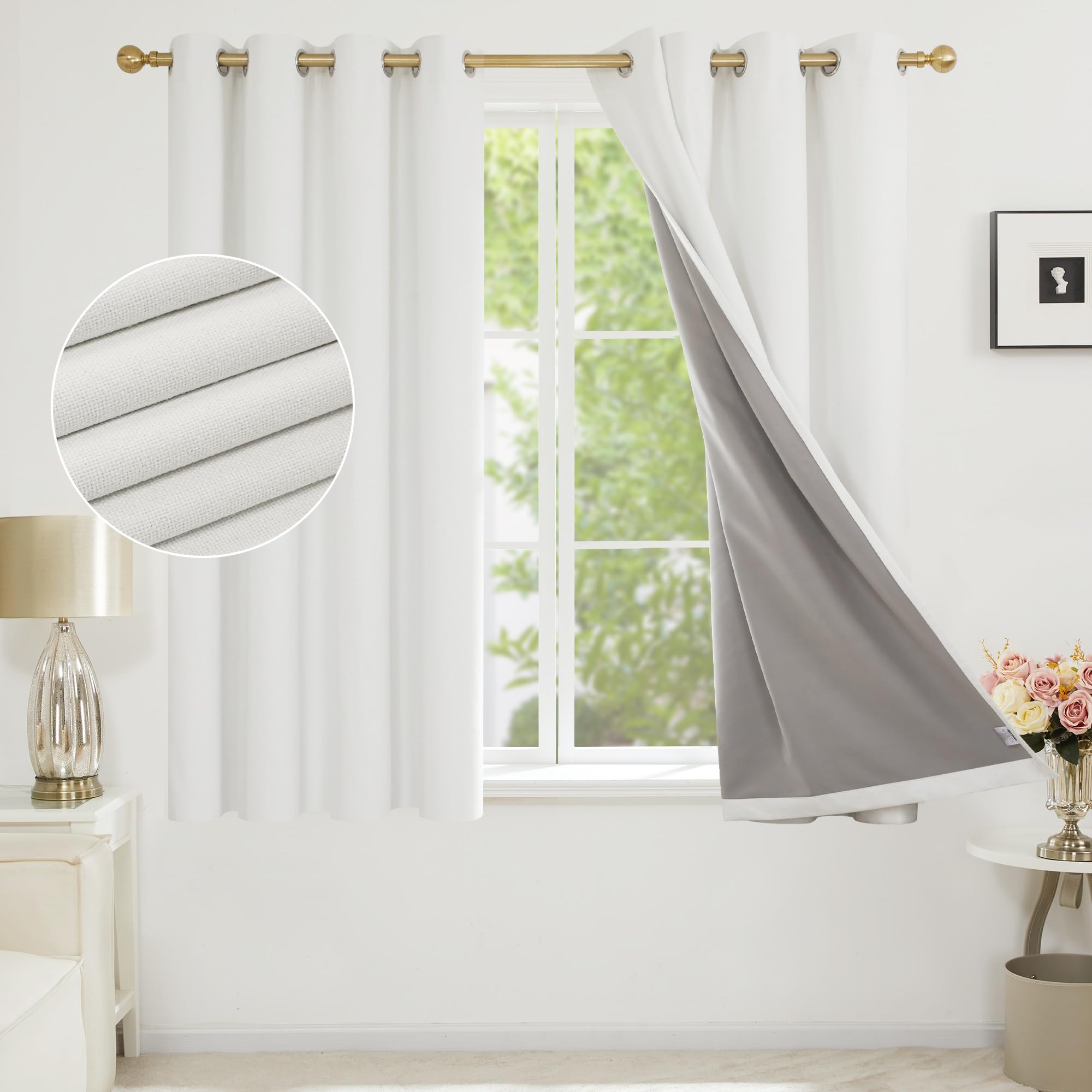 Deconovo Faux Linen Full Blackout Curtains with Coating, Energy Saving Thermal Curtains, Thick Eyelet Curtains for Kids Room, 52 x 63 Inch(Width x Length), White,One Pair