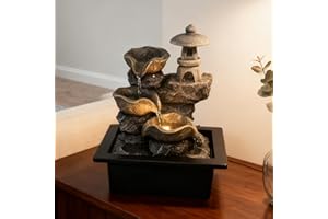 BIASUNS Indoor Tabletop Waterfall Fountain with Rock Pagoda & Lotus Leaf, Design for Home Office Desk Decor, Soothing Zen Water Feature with Warm Light for Relaxation & Meditation