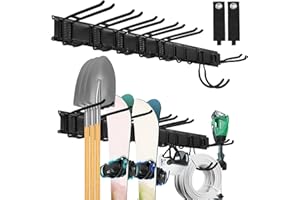 Sinoer Garage Tool Storage Rack, 48 Inch Heavy Duty Steel Garage Wall Mount Garden Tool Organizer with 9 Adjustable Metal Hoo