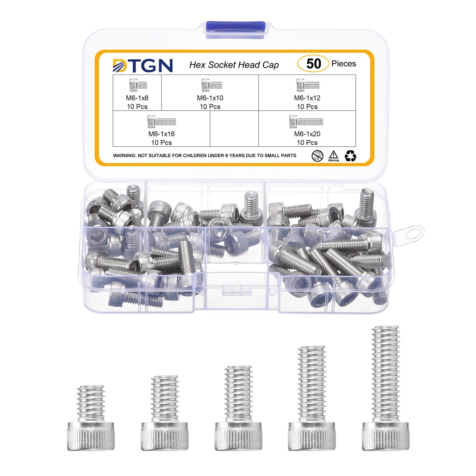 DTGN M6x1x8/10/12/16/20 Hex Socket Head Cap Screws Blots Assortment Kit - 50Pack - Good for Mountain Bike, Auto, Motorcycle - 304 Stainless Steel Machine Screws Bolts - Silver