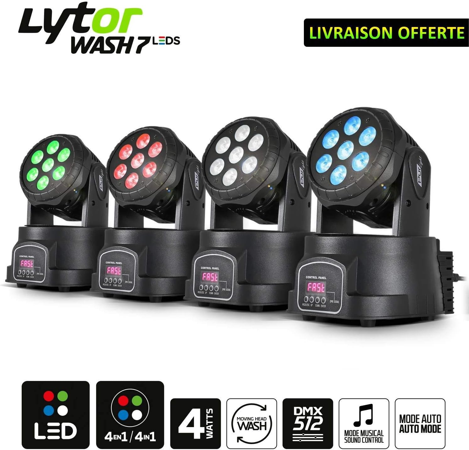 Lytor Set of 4 (4-in-1) LED Wash Rotating Moving Head Stage Effect Lights Red/Green/Blue/White (7 x 4W LEDs per Light)
