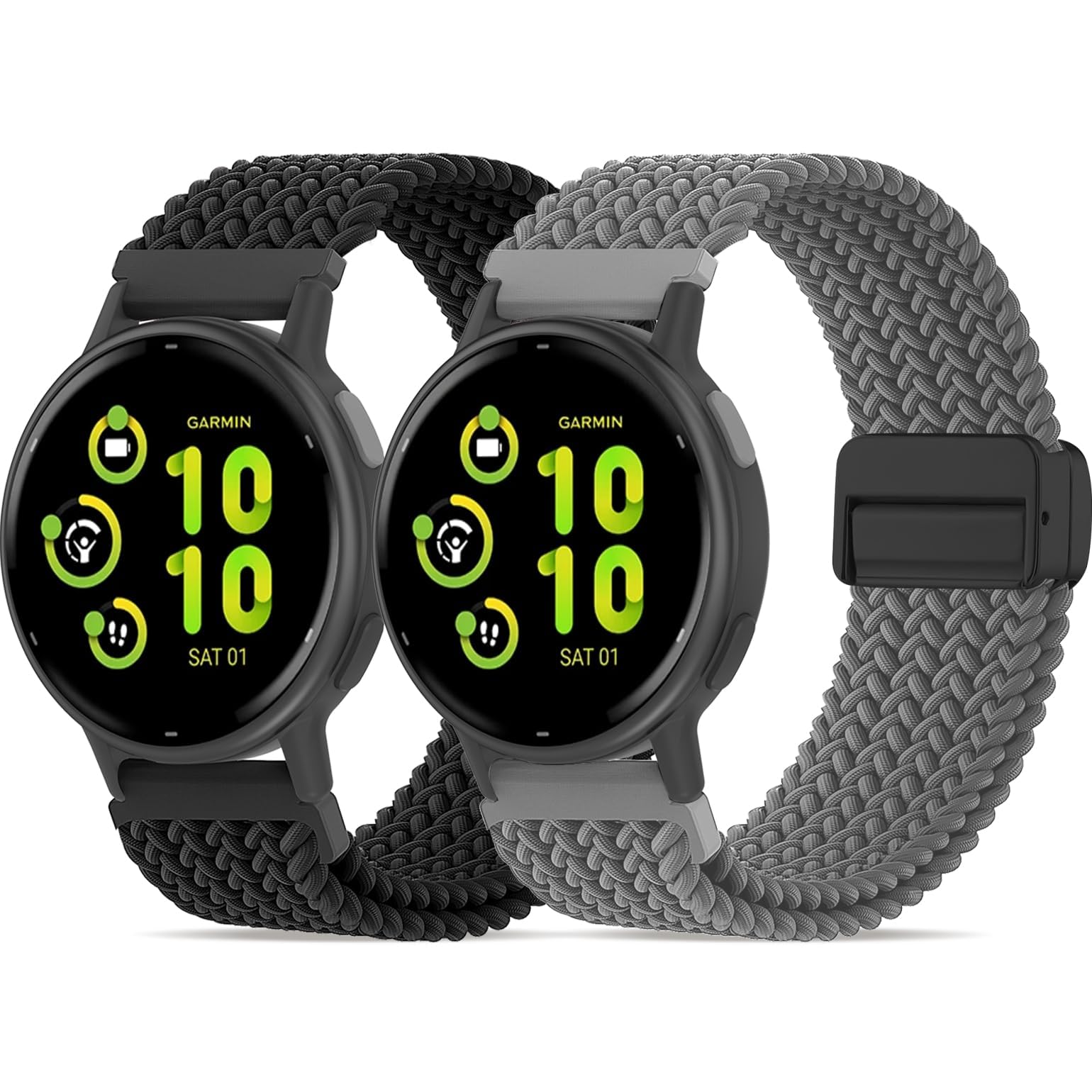 Oanux 2 Pack Magnetic Braided Compatible with Garmin Vivoactive 5 Watch Bands/Vivoactive 6/3/3 Music, 20mm Elastic Nylon Soft Sport Wristband Strap for Venu Sq 2 & Forerunner 55/165/245/645