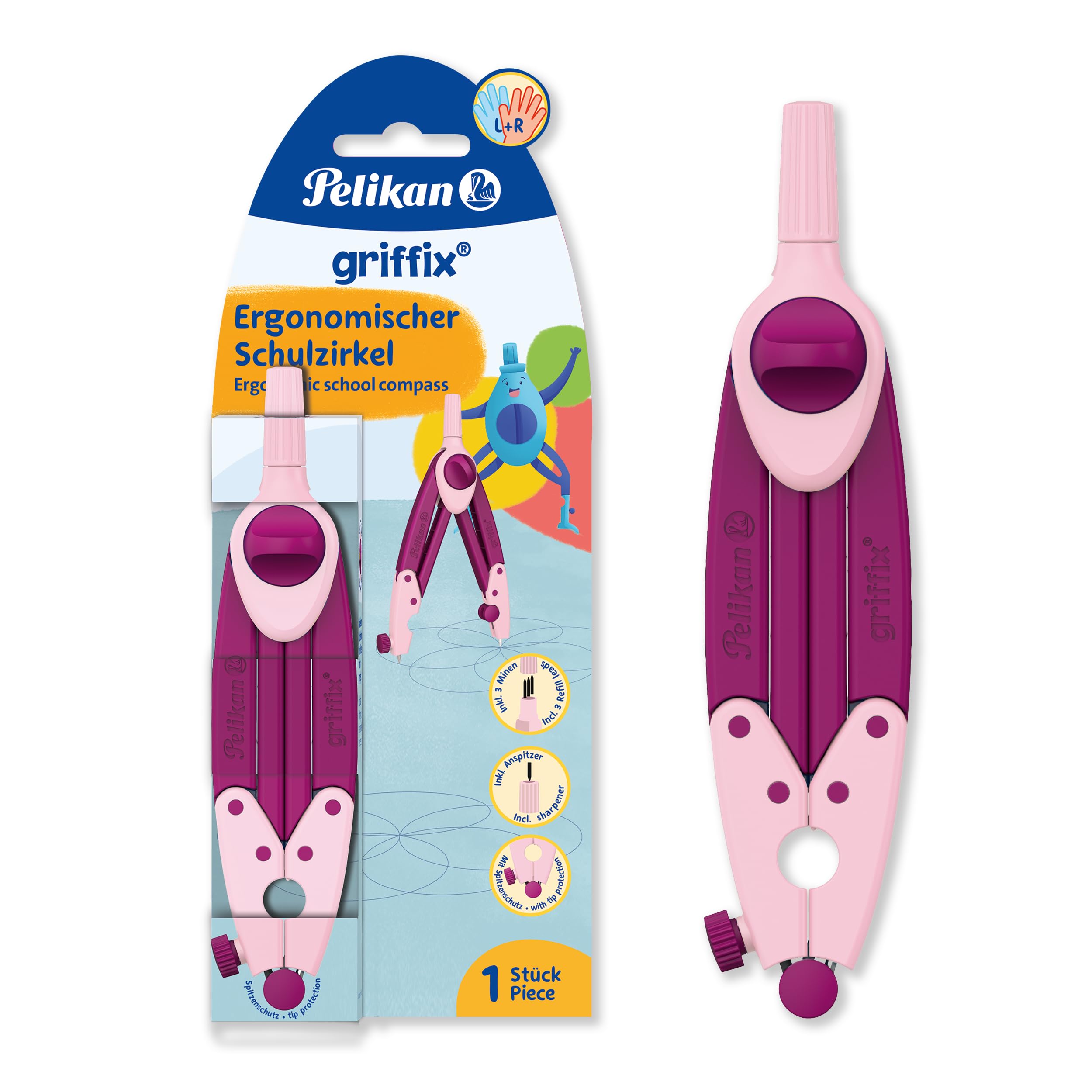Pelikan Griffix Compass - Ideal for School - Ergonomic Shape - Includes Refills & Sharpener - Pink — image 1