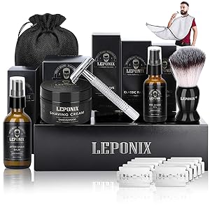 Shaving Kit for Men, Include Safety Razor, Sandalwood Mens aftershave, Shaving Cream, Pre Shave Oil, Shaving Brush, Shaving Apron Bib & Carrying Pouch-Shaving Gifts Set for Men Dad Him (Black)