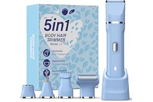 HOHOLE 5-in-1 Bikini Trimmer for Women, IPX7 Waterproof Electric Razors Shaver, Cordless Body Hair Trimmer, Facial & Pubic Hair Removal, Ceramic Blade (Sky Blue)