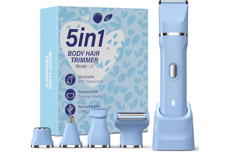 HOHOLE 5-in-1 Bikini Trimmer for Women, IPX7 Waterproof Electric Razors Shaver, Cordless Body Hair Trimmer, Facial & Pubic Hair Removal, Ceramic Blade (Sky Blue)