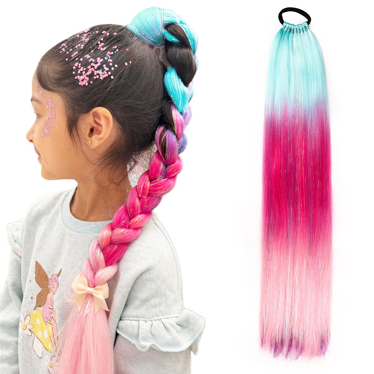 Rainbow Ponytail Extensions With Hair Tie 1 Packs 100g Coloured Hair Extensions for Braiding 26 inch Colorful Ombre Mermaid Pony Tail Synthetic Hair Extensions for Girl Women(#Double 3)
