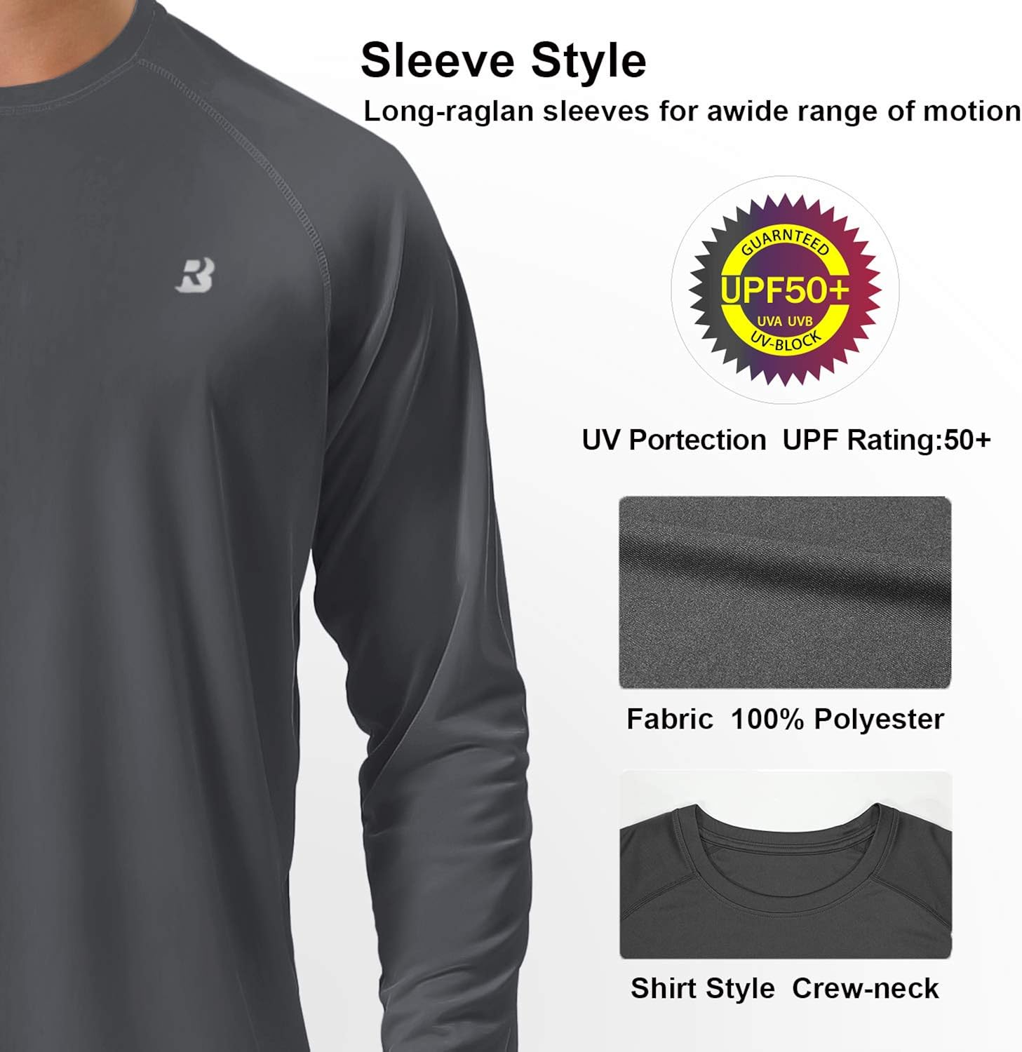 Roadbox Men's Sun Protection UPF 50+ UV Outdoor Long Sleeve Dri-fit T-Shirt Rashguard Shirts for Running, Fishing, Hiking: Clothing