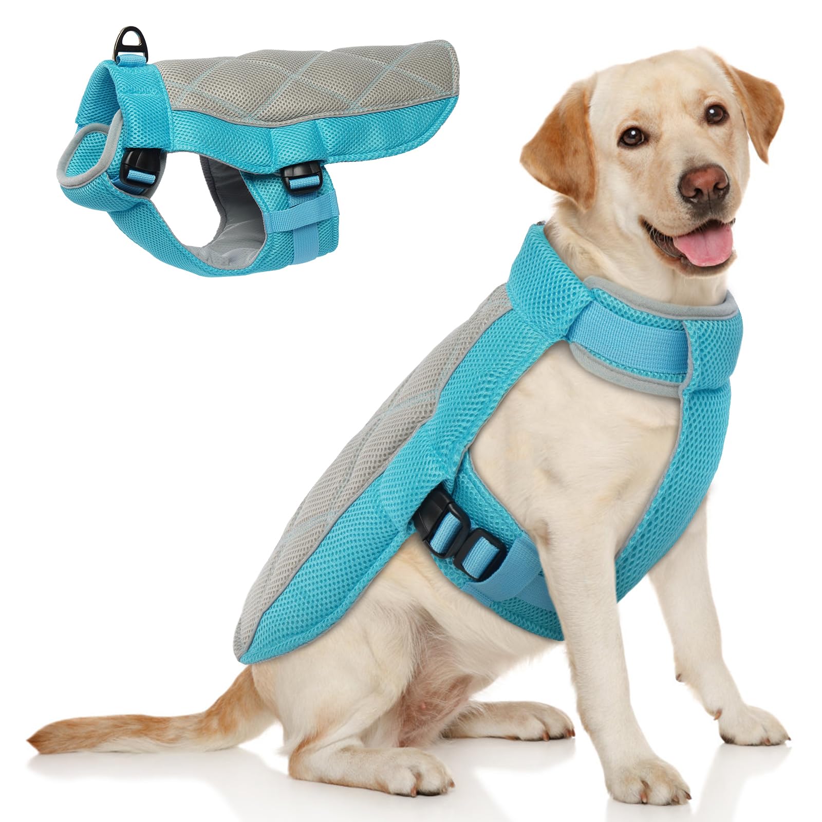 Dog Cooling Vest, Summer Dog Cooling Coat with Adjustable Neck and Tummy, Summer Cool Jacket with with Harness, Longer Coolness for Walks, Hikes, Beach Trips, Blue L