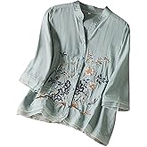 Embroidered Linen Shirts for Women Cotton Gauze Shirt Summer Boho Retro 3/4 Sleeve Dressy Casual Peasant Blouses