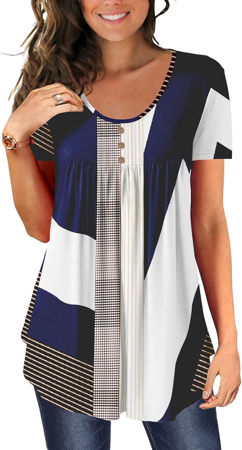 BeadChica Women's Tunic Tops For Leggings Short Sleeve Shirts Botton Up Casual Ruched Blouses Clothing: Clothing