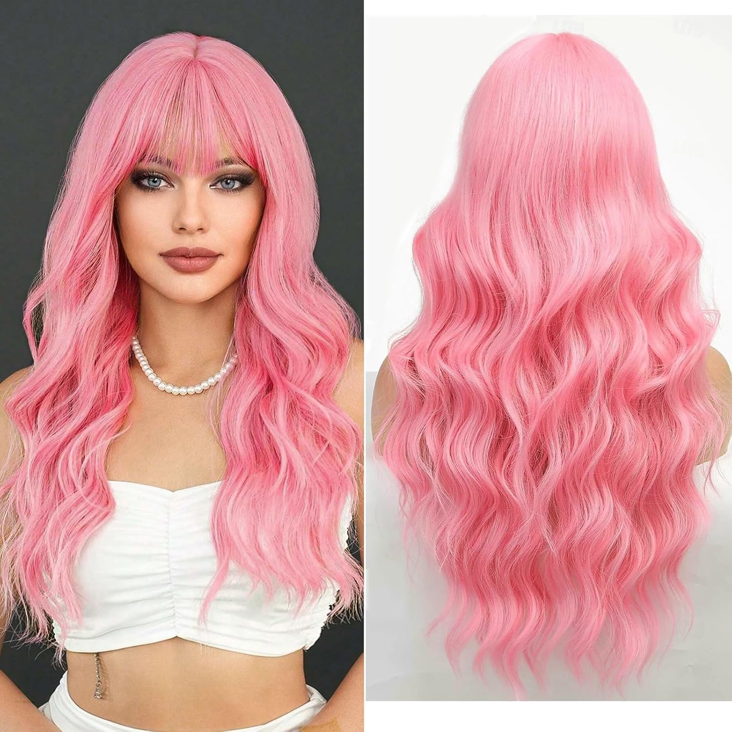 PORSMEER Long Pink Wavy Curly Wig with Fringe for Women Natural Synthetic Hair Heat Resistant Wigs for Ladies Daily or Party Cosplay Wear-26 Inches