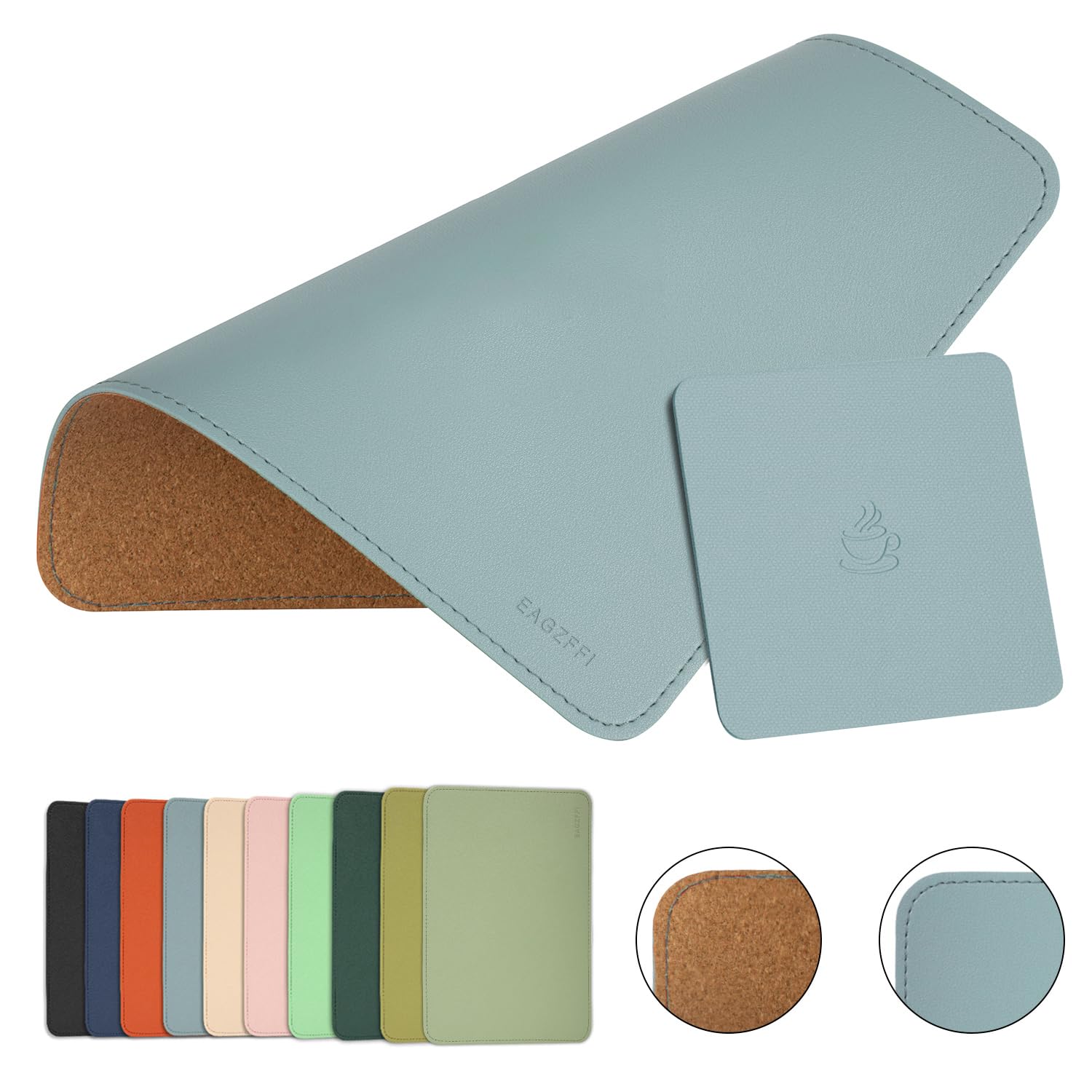 Photo 1 of EAGZFFI Leather Mouse Pad, Double-Sided, Stitched Edges, Equipped with Coaster, Office & Home, 1 Pack, 8x11 inches, Sierra Blue