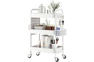 TOOLF 3-Tier Rolling Cart, Metal Utility Storage Cart with DIY Pegboards, Art Craft Trolley with Baskets Hooks, Organizer Serving Cart Easy Assemble for Office, Home, Kitchen, Classroom (White)