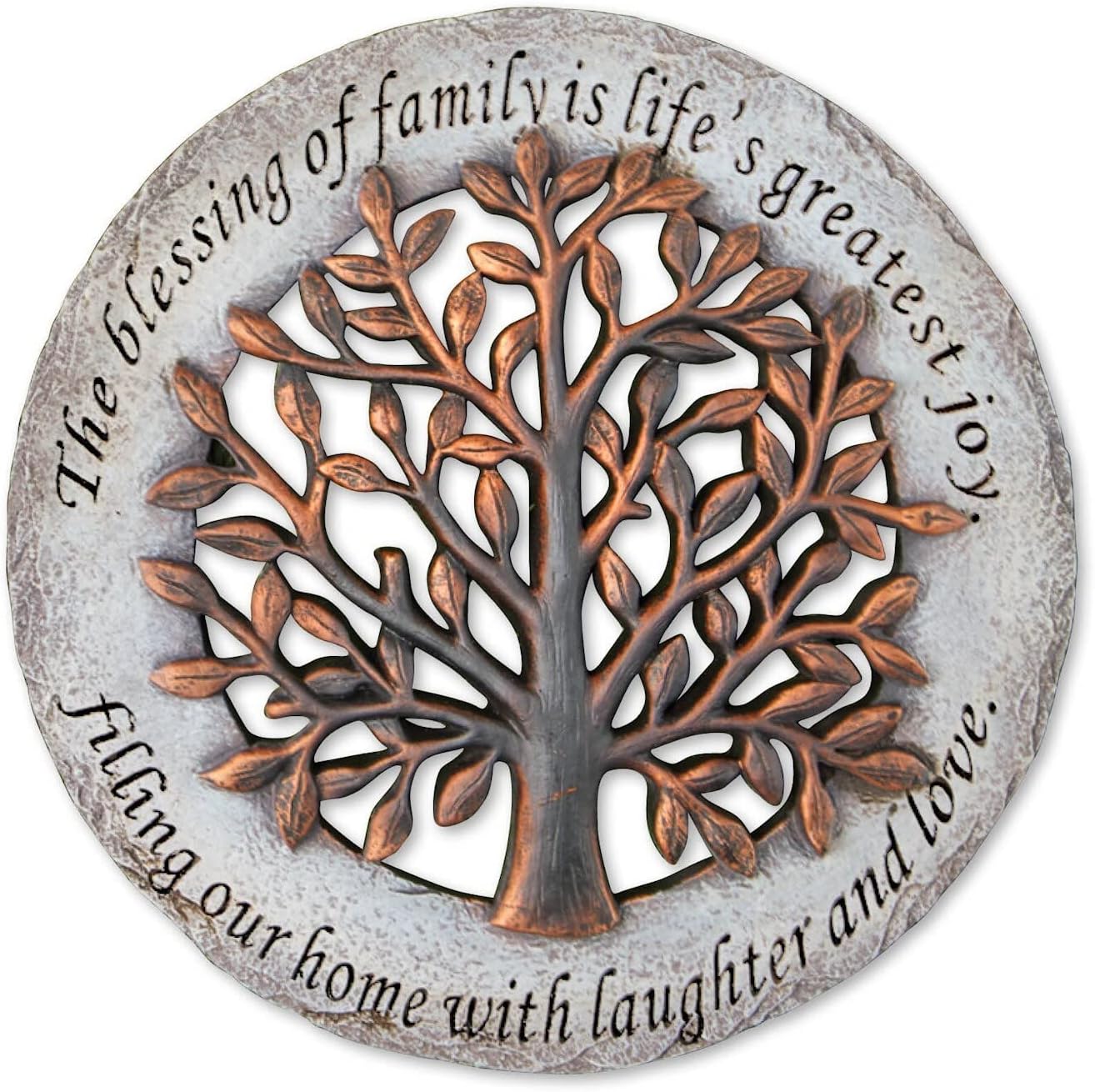 Hardscaping Materials - Roman Exclusive Terrace Garden Stone with a Tree and Verse, 12.2-Inch, 2-Tone Dolomite/Resin