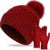 Silicherry Women's Knitted Beanie Hat Gloves Set Winter Pom Pom Cable Knit Hat with Warm Stretchy Gloves for Women