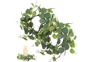 Eucalyptus Candle Rings Wreaths: Spring Greenery Candle Ring with White Berries - 8cm Inner Diameter Mini Wreath for Pillars,