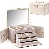 Vlando Jewelry Box for Mothers Day Teacher Appreciation Gifts, 4-Tier Jewelry Organizer with Lock, Mirror Jewelry Box for Earring, Ring, Necklace and Bracelets, Jewelry Storage for Women Girls - Beige